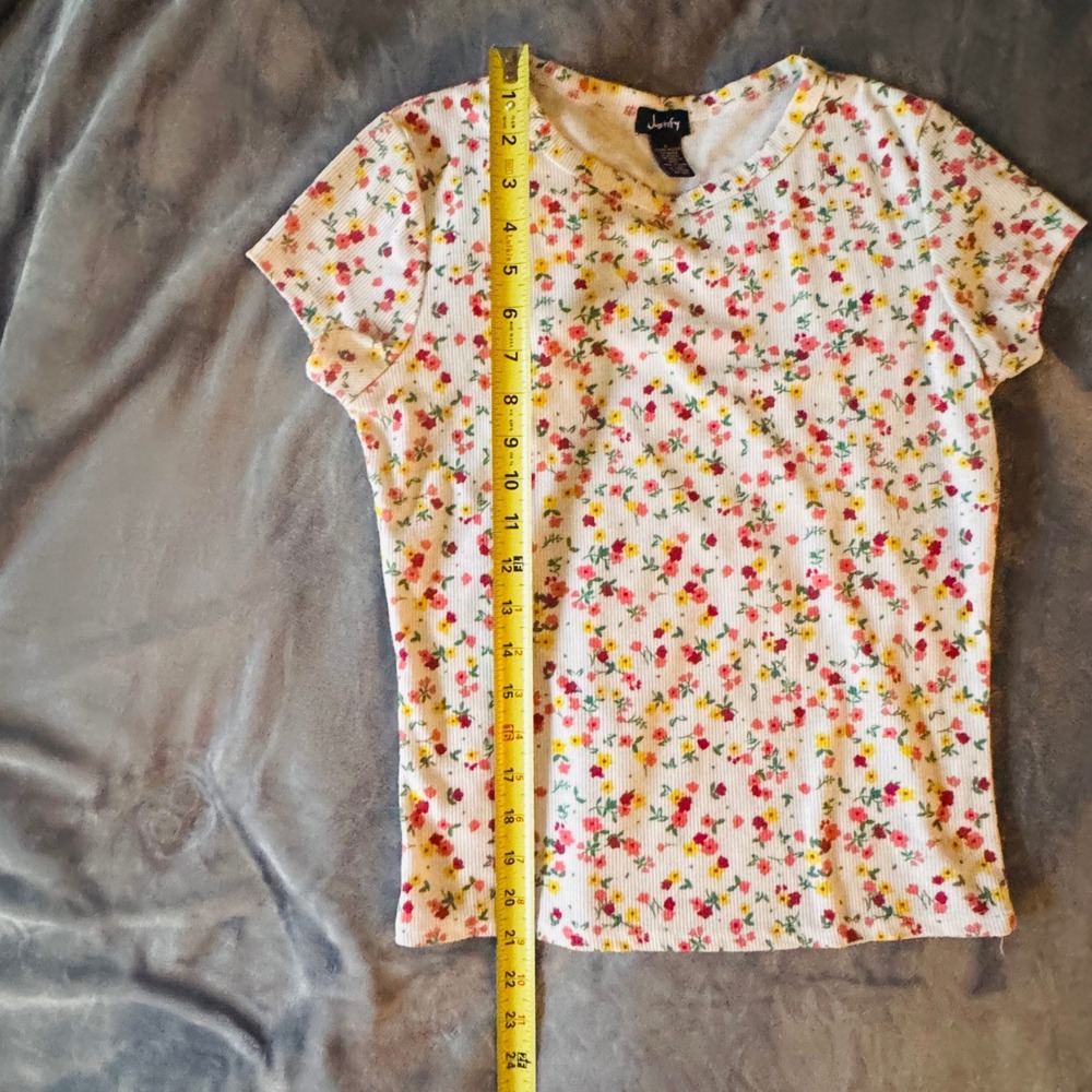 Justify Womens Ribbed Ditsy Floral Short Sleeve T-Shirt White Pink Yellow Large - Picture 3 of 5